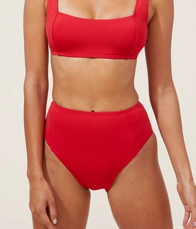 The High Waist Cheeky Bikini Bottom - Eco Nylon - Cherry Red luxury womens swimwear, swimwear for beach vacation