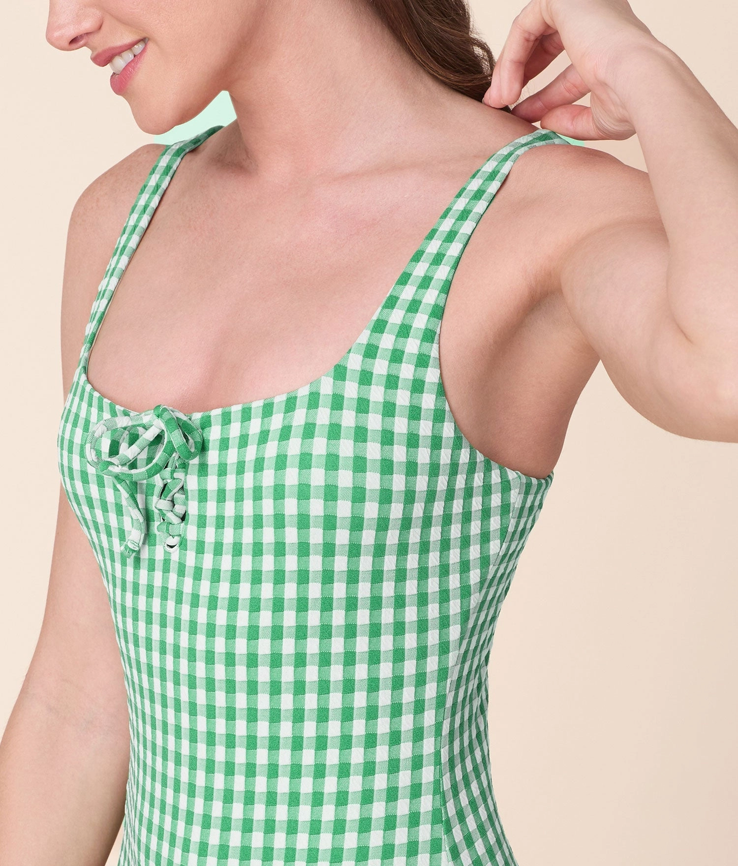 The Macao One Piece - Crinkle Gingham - Green Gingham - Long Torso