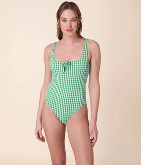 The Macao One Piece - Crinkle Gingham - Green Gingham - Long Torso luxury womens swimwear, swimwear for beach vacation