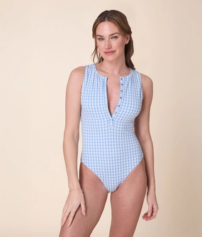 The Malibu One Piece - Crinkle Gingham - Sky Gingham - Classic luxury womens swimwear, swimwear for beach vacation