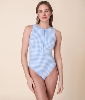 The Malibu One Piece - Crinkle Gingham - Sky Gingham - Long Torso luxury womens swimwear, swimwear for beach vacation