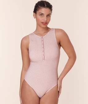 The Malibu One Piece - Houndstooth - Koi - Long Torso luxury womens swimwear, swimwear for beach vacation
