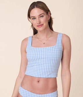 The Siren Swim Tank - Crinkle Gingham - Sky Gingham luxury womens swimwear, swimwear for beach vacation