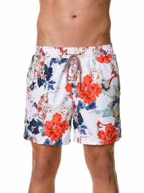Tiger Song Shorts In White mens beach swimwear, quick dry mens swimsuits