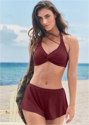 Twist Front Halter Top - Dark Mahogany plain swimwear women, minimalist swimsuits