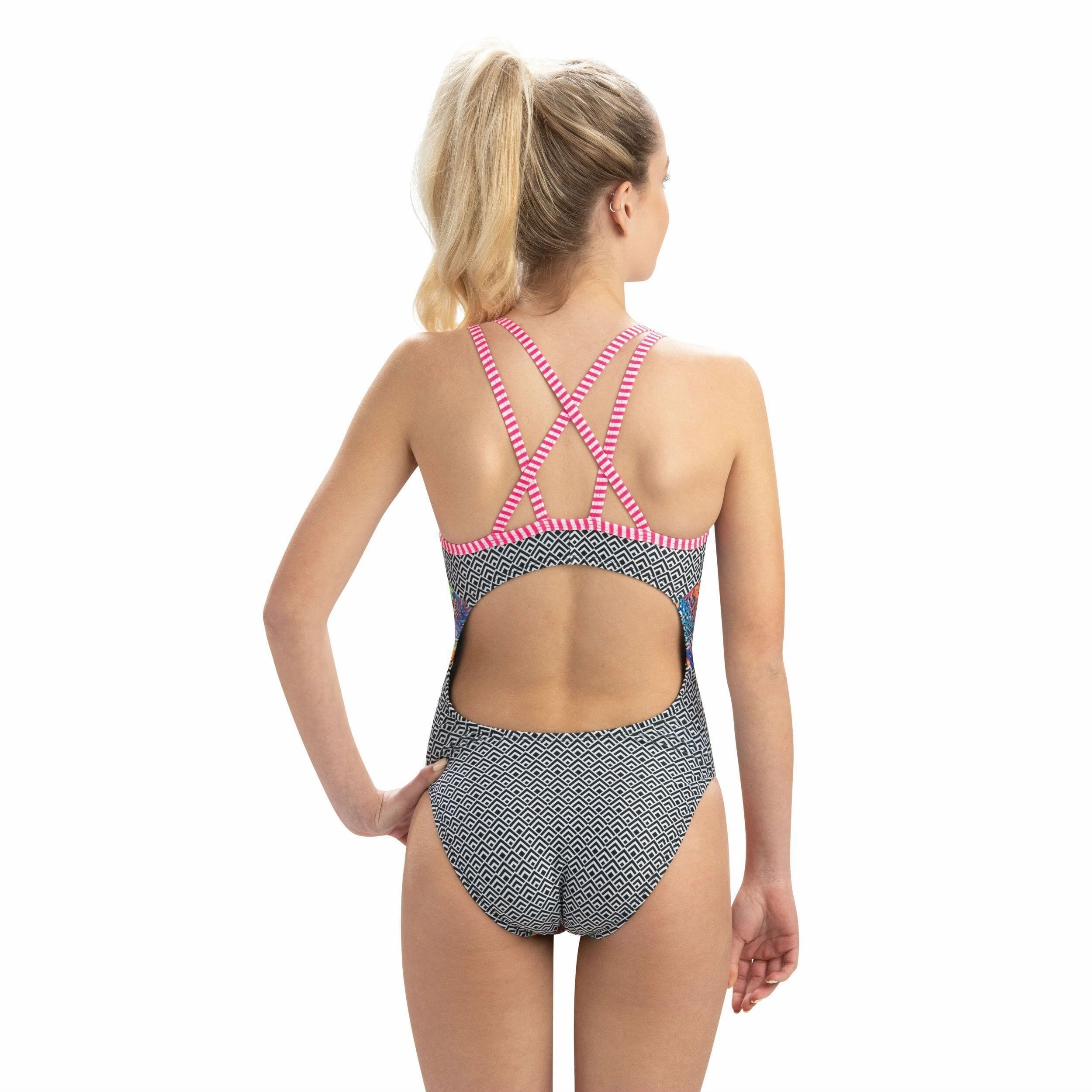 Uglies Womens Double Strap Open Keyhole Back One Piece Swimsuit - Hyper Tropic