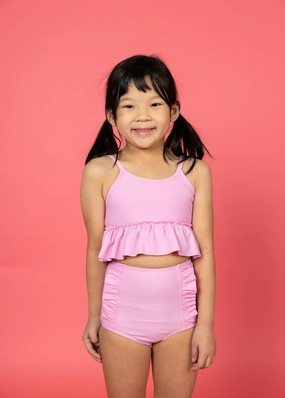 Ultimate Pink | Mini Down in Front Ruffle Bottoms toddler girl swimwear, summer swimwear for girls