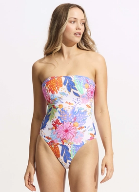 Under The Sea DD Bandeau One Piece - White slimming one piece swimsuits, fashionable one piece suits