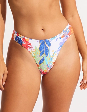 Under the Sea High Leg Ruched Side Bikini Pant - White adjustable swim bottoms women, flattering bikini bottoms