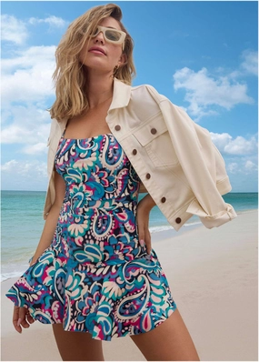 Venice Skirted Swim Dress - Fuzzy Paisley classic one piece swimwear, stylish single piece swimsuits