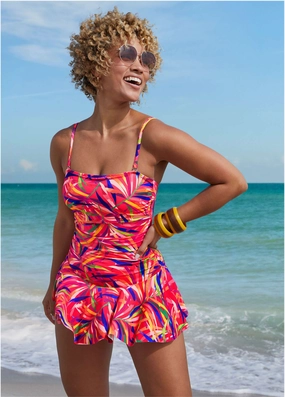 Venice Skirted Swim Dress - Tropical Jungle classic one piece swimwear, stylish single piece swimsuits
