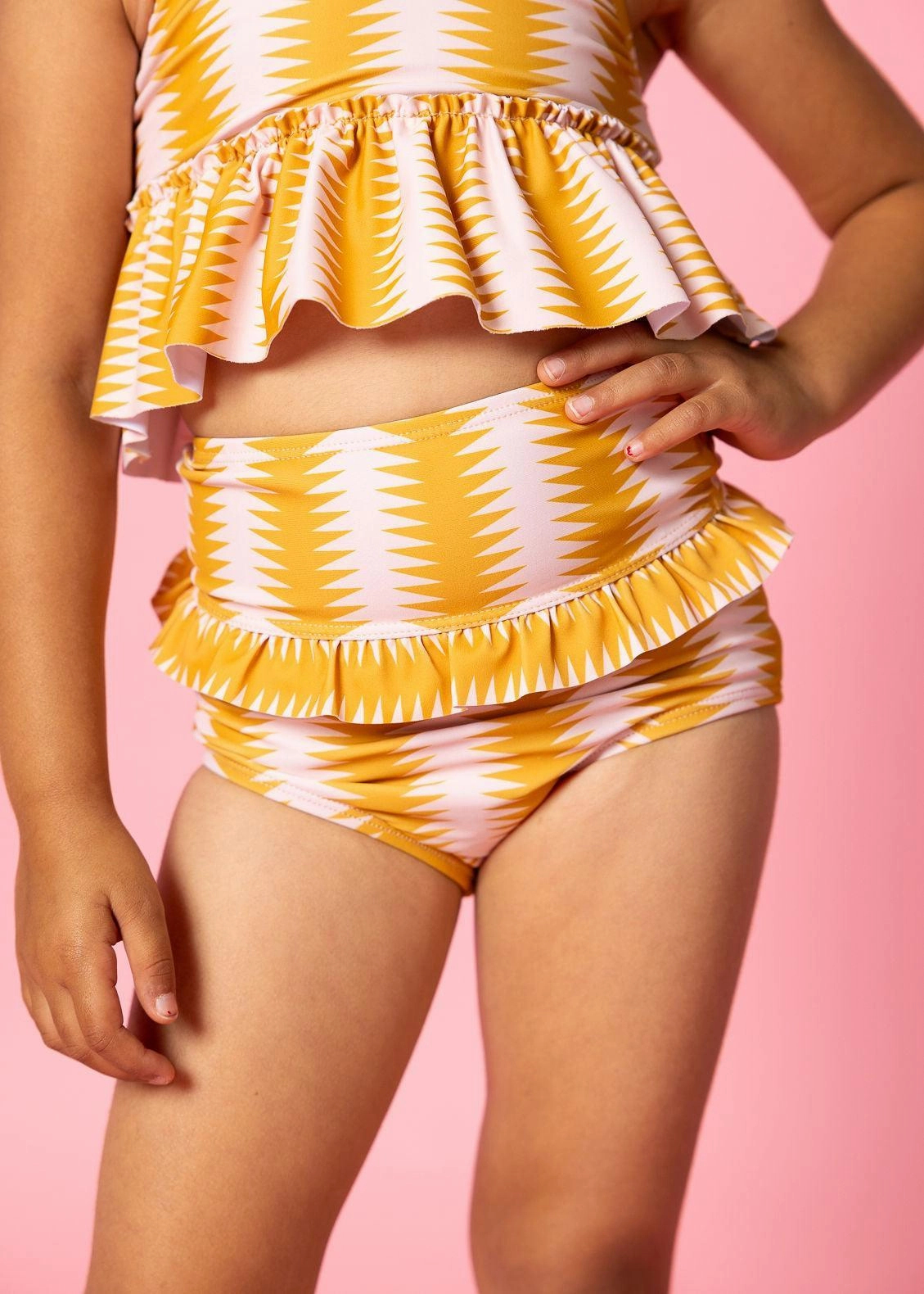 Vintage Triangles | Mini Mid-Ruffle Bottoms toddler girl swimwear, summer swimwear for girls