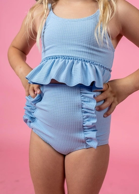 Waffled Barely Blue | Mini Down in Front Ruffle Bottoms toddler girl swimwear, summer swimwear for girls