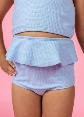 Waffled Barely Blue | Mini Peplum Bottoms toddler girl swimwear, summer swimwear for girls