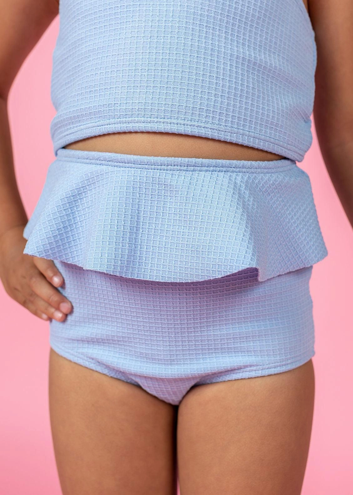 Waffled Barely Blue | Mini Peplum Bottoms toddler girl swimwear, summer swimwear for girls