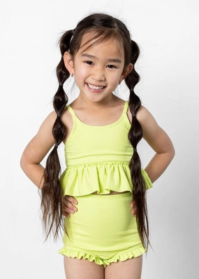 Waffled Glow Green | Mini All Ruffled Up Bottoms toddler girl swimwear, summer swimwear for girls