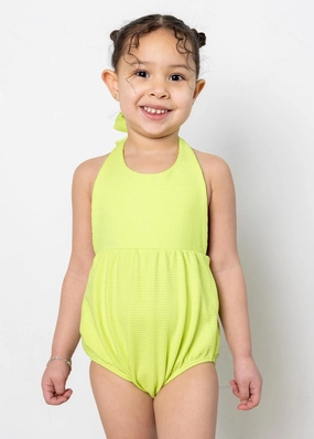 Waffled Glow Green | Mini Romper One-Piece toddler girl swimwear, summer swimwear for girls