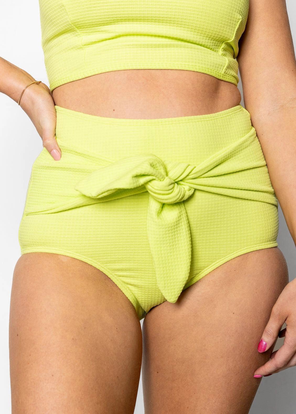 Waffled Glow Green | Tie-Up-Front Bottoms elastic waistband swim bottoms, mix-and-match bikini bottoms
