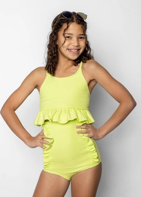 Waffled Glow Green | Youth Peplum Top toddler girl swimwear, summer swimwear for girls