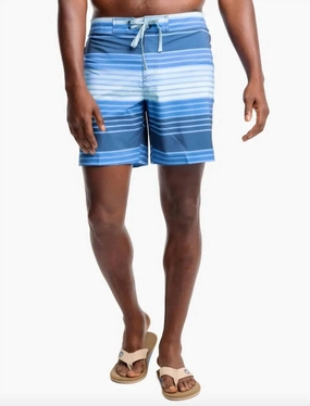 Wateree Stripe Water Short In Aged Denim mens beach swimwear, quick dry mens swimsuits