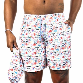 White with Multicolor Marine Life mens beach swimwear, quick dry mens swimsuits