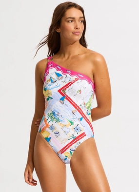 Wish You Were Here One Shoulder One Piece - Fuchsia Rose modern womens swimwear, one piece swimsuits women