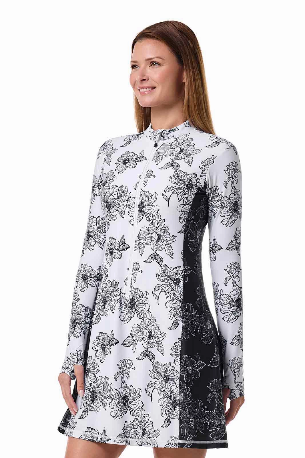 Women's Aspen Sunrise Long Sleeve Swim Dress | White/Black Colorblock