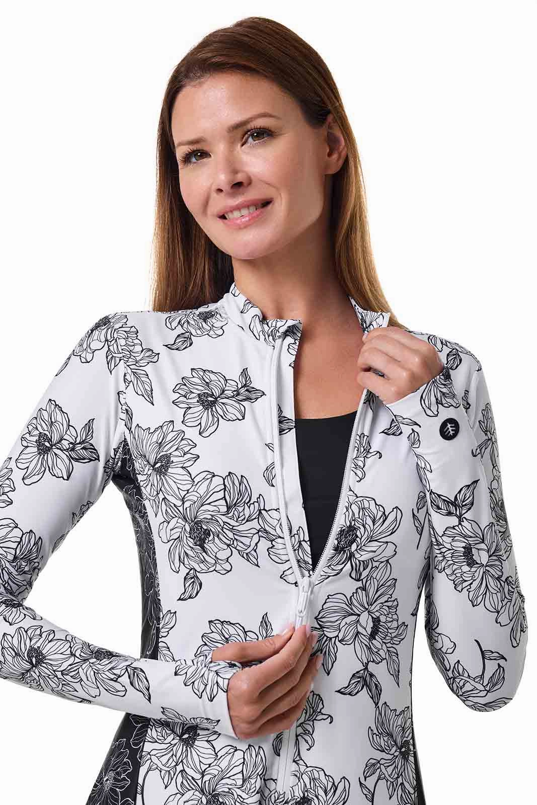 Women's Aspen Sunrise Long Sleeve Swim Dress | White/Black Colorblock
