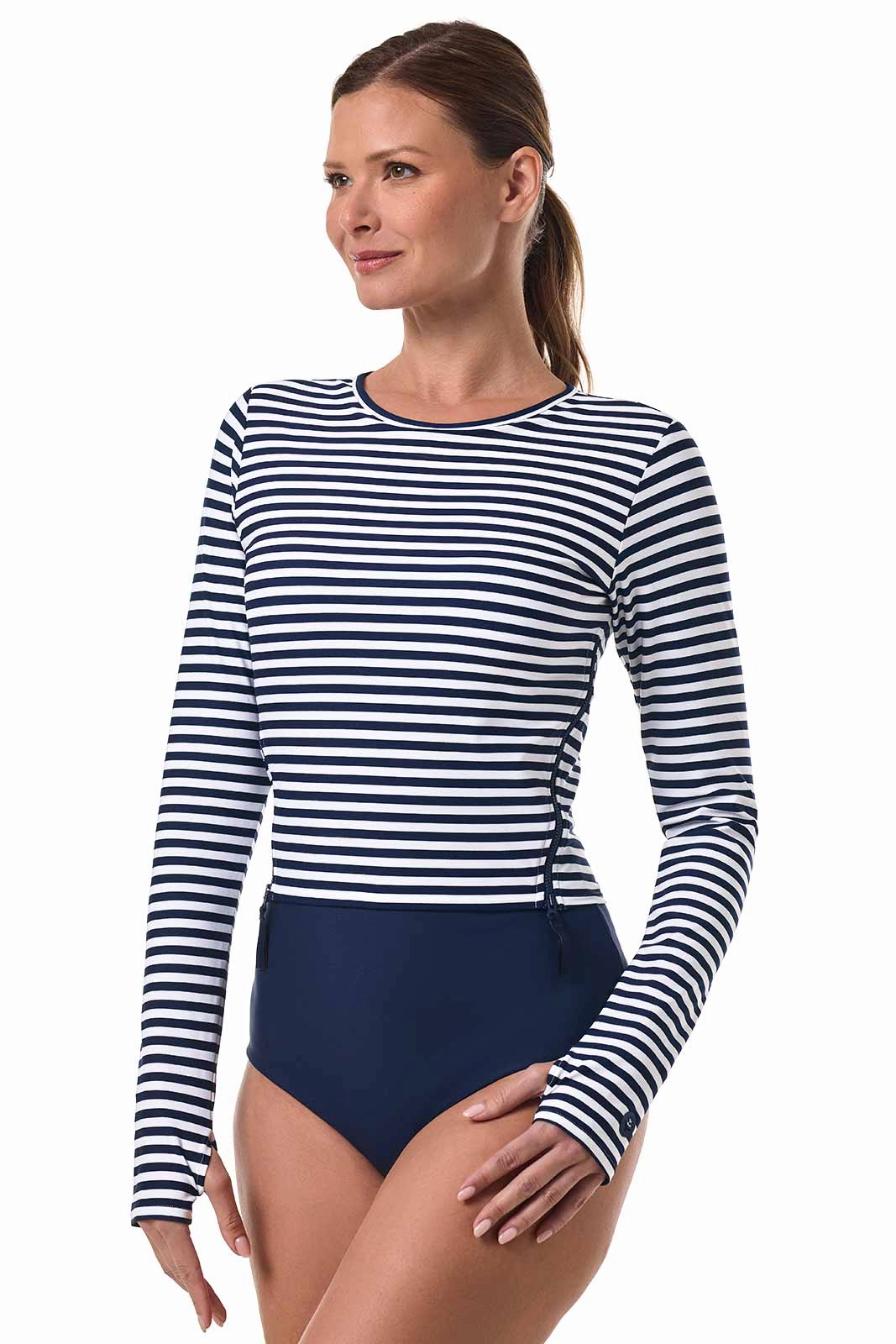Women's Bayfront Rash Guard Bra Top  | White/Navy Stripe