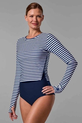 Women's Bayfront Rash Guard Bra Top  | White/Navy Stripe womens athletic swimwear, performance swimwear for women