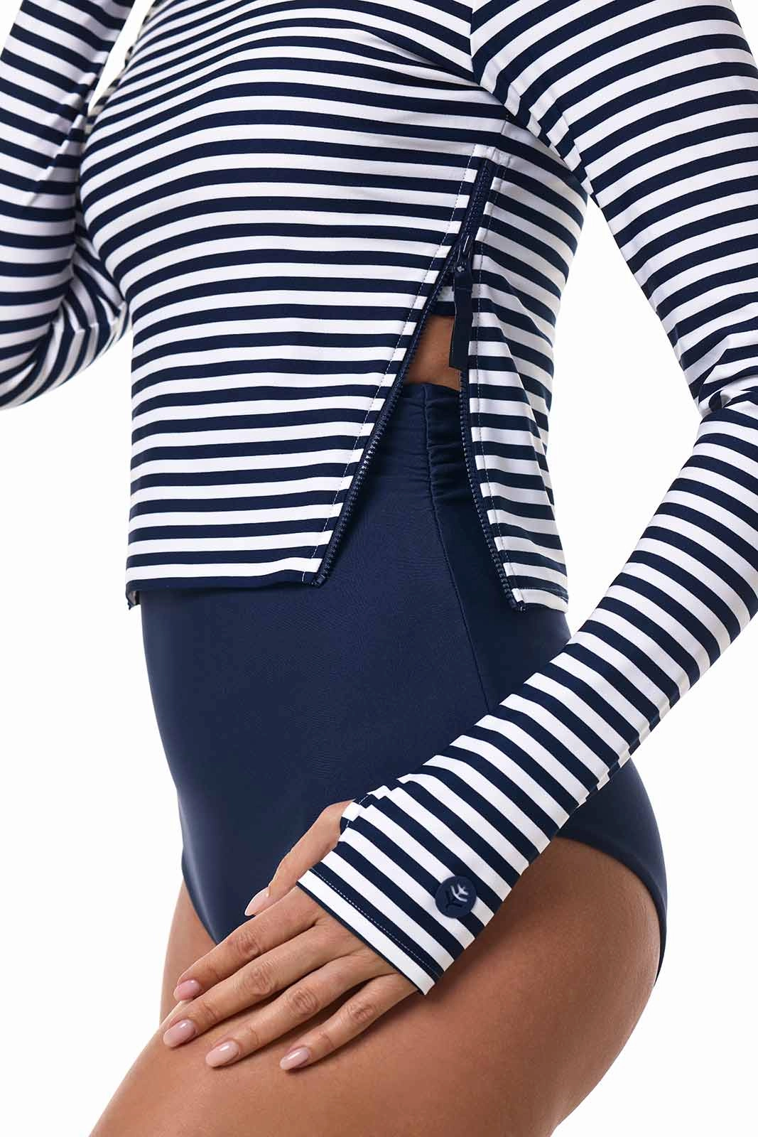 Women's Bayfront Rash Guard Bra Top  | White/Navy Stripe