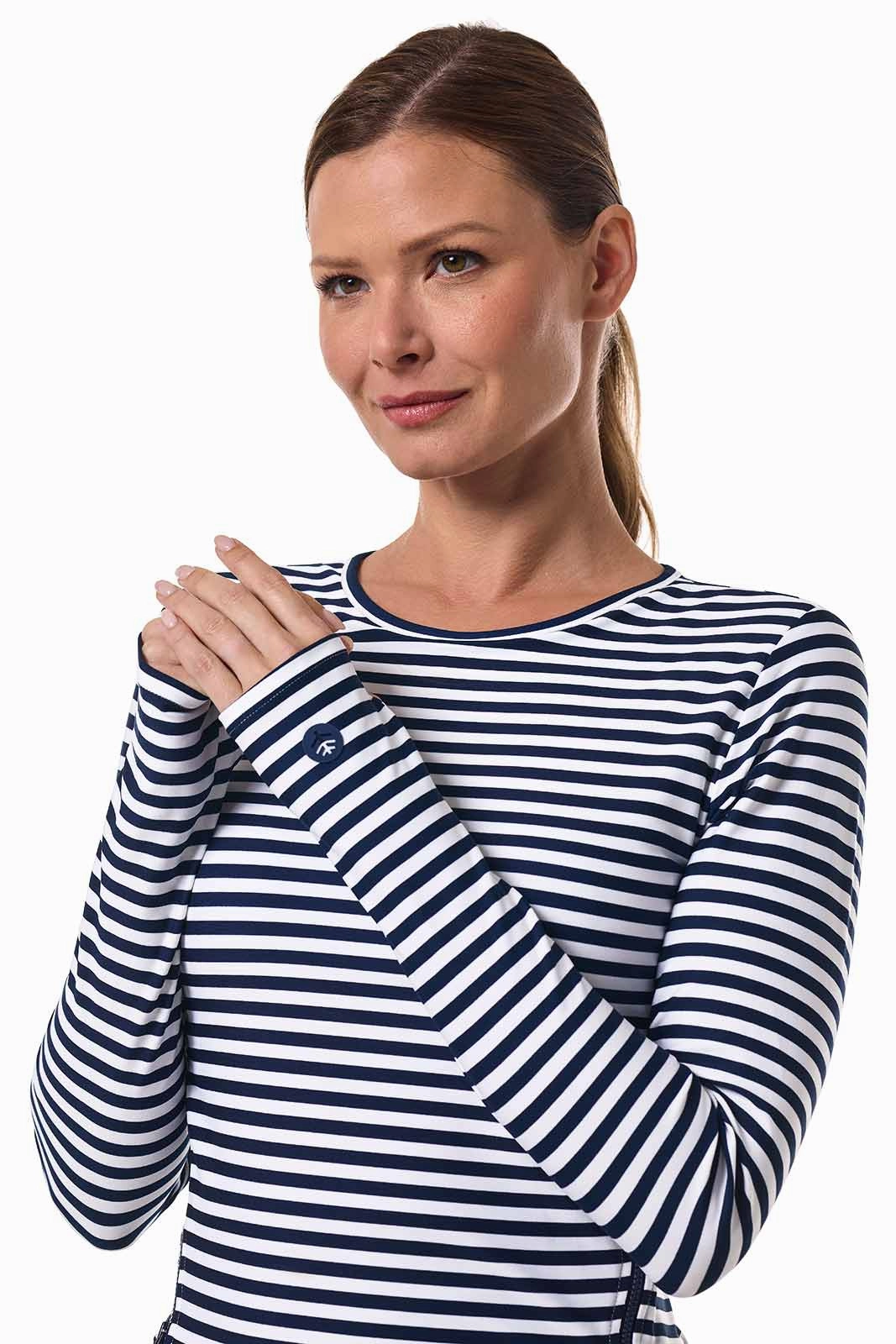 Women's Bayfront Rash Guard Bra Top  | White/Navy Stripe