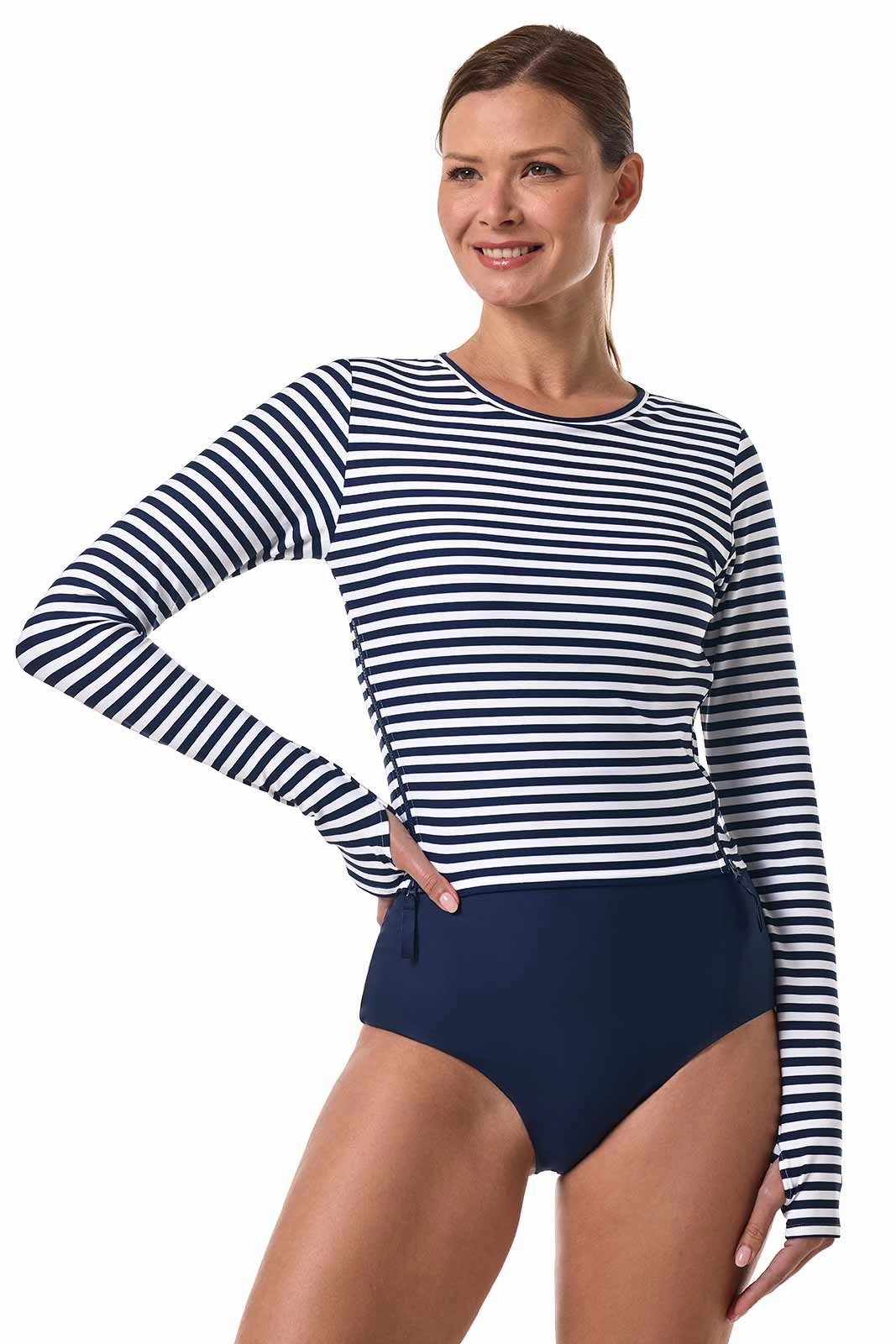 Women's Bayfront Rash Guard Bra Top  | White/Navy Stripe