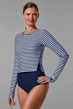 Women's Bayfront Rash Guard Bra Top  | White/Navy Stripe adjustable swimsuits for women, breathable swimwear for ladies