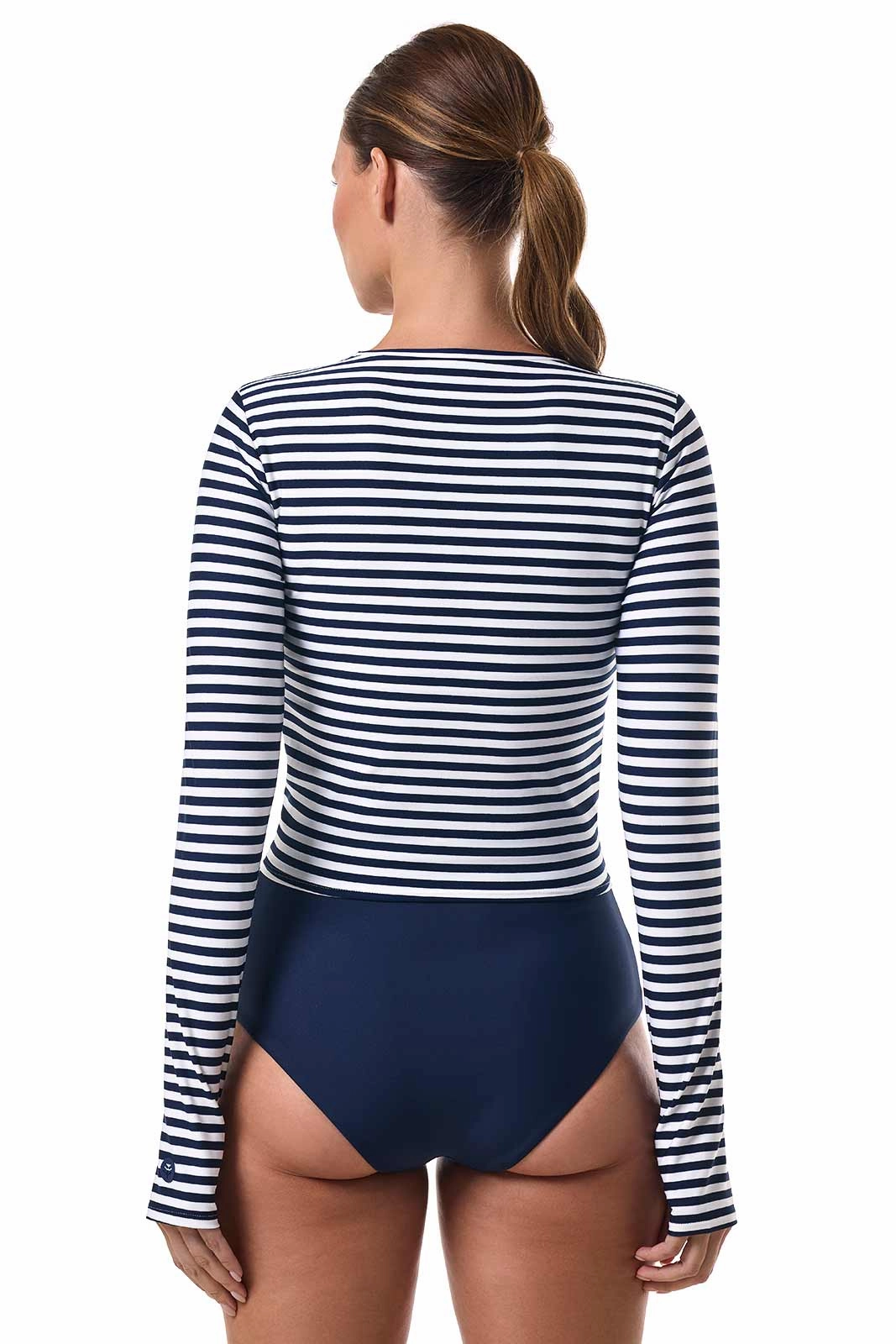 Women's Bayfront Rash Guard Bra Top  | White/Navy Stripe