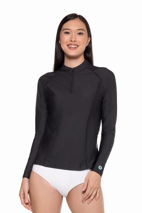 Women's Freestyle Long Sleeve Rash Guard | Black adjustable swimsuits for women, breathable swimwear for ladies