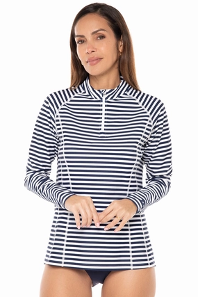 Women's Freestyle Long Sleeve Rash Guard | White/Navy Stripe adjustable swimsuits for women, breathable swimwear for ladies