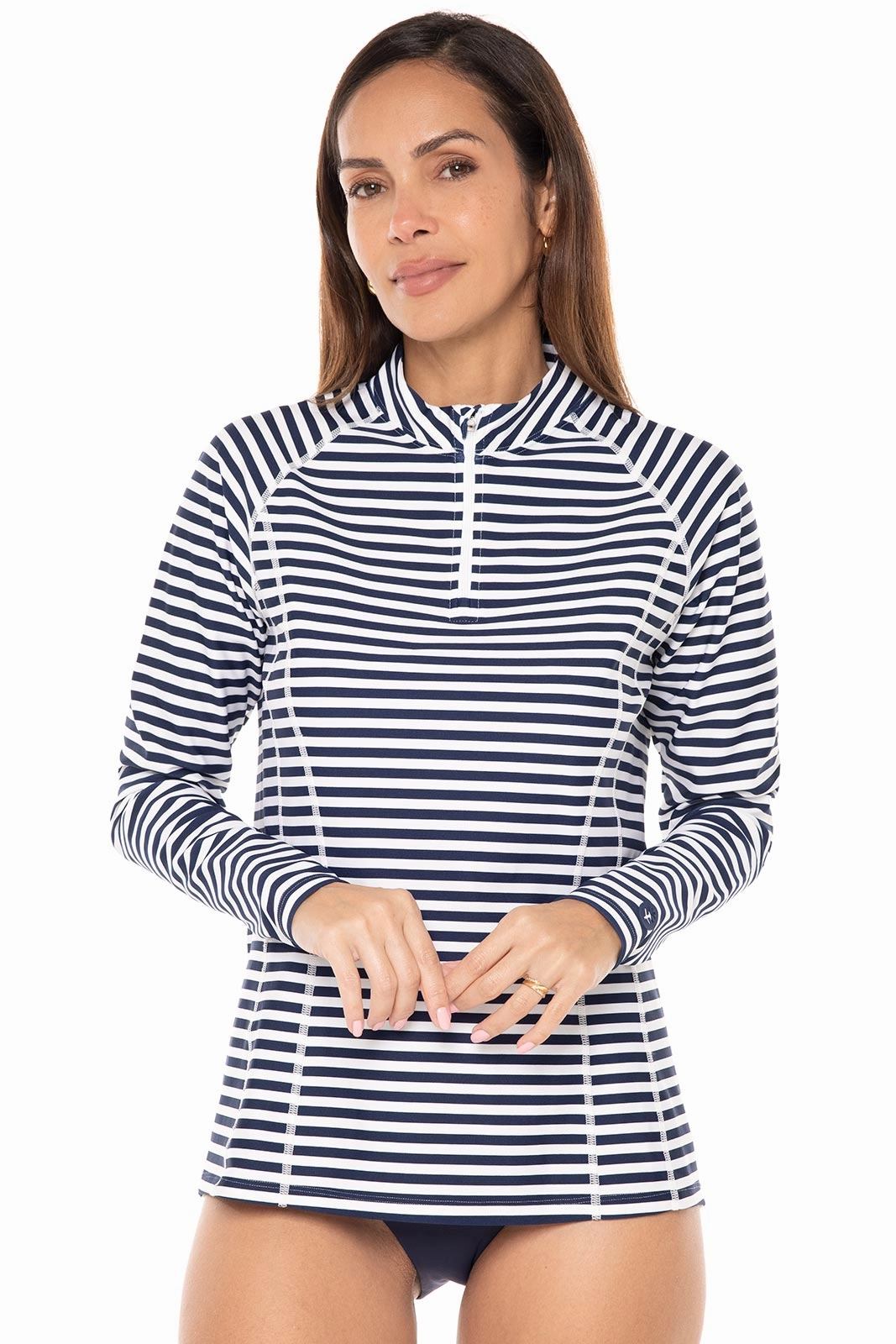 Women's Freestyle Long Sleeve Rash Guard | White/Navy Stripe adjustable swimsuits for women, breathable swimwear for ladies
