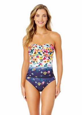 Women's Gradient Floral Twist Front Shirred One Piece Swimsuit supportive one piece swimwear, stretch fit one piece suits