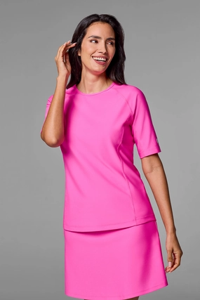Women's Hightide Short Sleeve Swim Shirt | Tulip Pink adjustable swimsuits for women, breathable swimwear for ladies