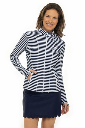 Women's Malawi Swim Jacket | White/Navy Stripe adjustable swimsuits for women, breathable swimwear for ladies
