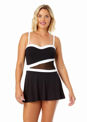 Women's Mesh Around Paneled Strapless Mesh Swim Dress supportive one piece swimwear, stretch fit one piece suits