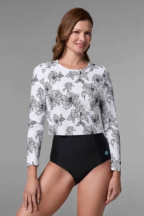 Women's Ocean Drive Cropped Rash Guard | White/Black Perfect Peony womens athletic swimwear, performance swimwear for women