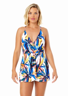 Women's Riviera Floral Swim Dress With Skirted Bottom supportive one piece swimwear, stretch fit one piece suits