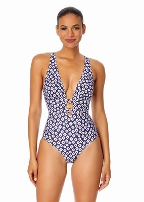 Women's Shibori Geo Double Ring Plunge Front One Piece Swimsuit supportive one piece swimwear, stretch fit one piece suits