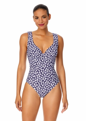 Women's Shibori Geo Underwire Panel One Piece Swimsuit supportive one piece swimwear, stretch fit one piece suits