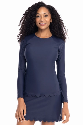 Women's Stony Coral Scallop Long Sleeve Rash Guard | Navy womens athletic swimwear, performance swimwear for women
