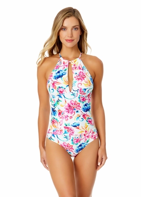 Women's Watercolor Paisley High Neck With Ruffled Straps One Piece Swimsuit supportive one piece swimwear, stretch fit one piece suits