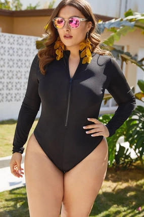 Zip Up Long Sleeve One-Piece Swimsuit stretchy swimwear for women, soft fabric swimsuits for ladies